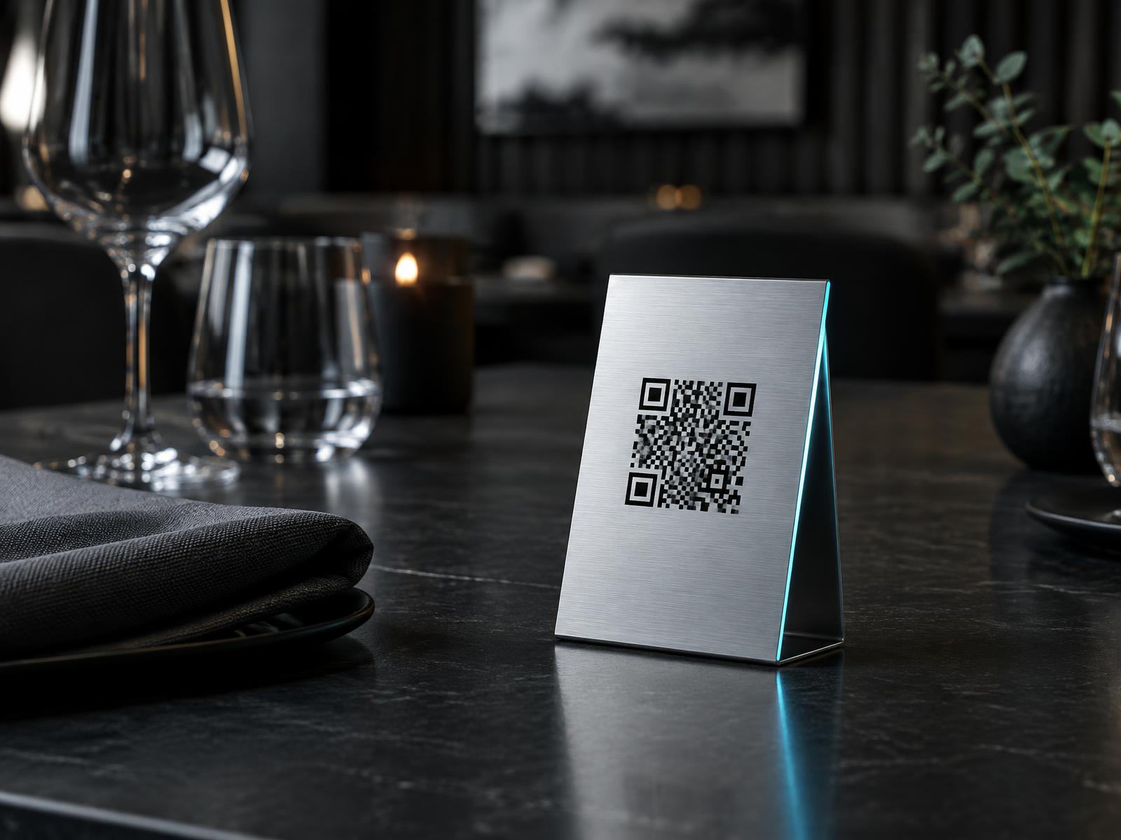 Brushed aluminium QR code plaque on a restaurant table